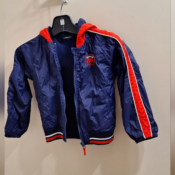 George Boys Jacket Size 6 — Navy Blue Red Stripe Hooded Windbreaker, Excellent - Picture 2 of 9